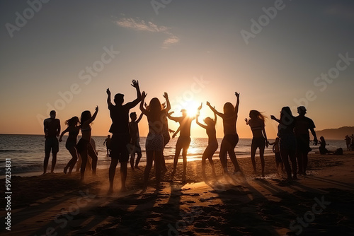 Group of friends having a fun summer beach party, jumping and enjoying the sunny day. Generative AI © yarohork