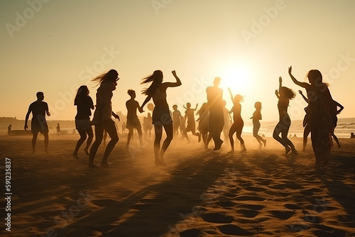 Group of friends having a fun summer beach party, jumping and enjoying the sunny day. Generative AI