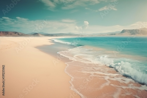 Tropical beach with blue sky and white clouds, perfect for vacation and travel. Generative AI