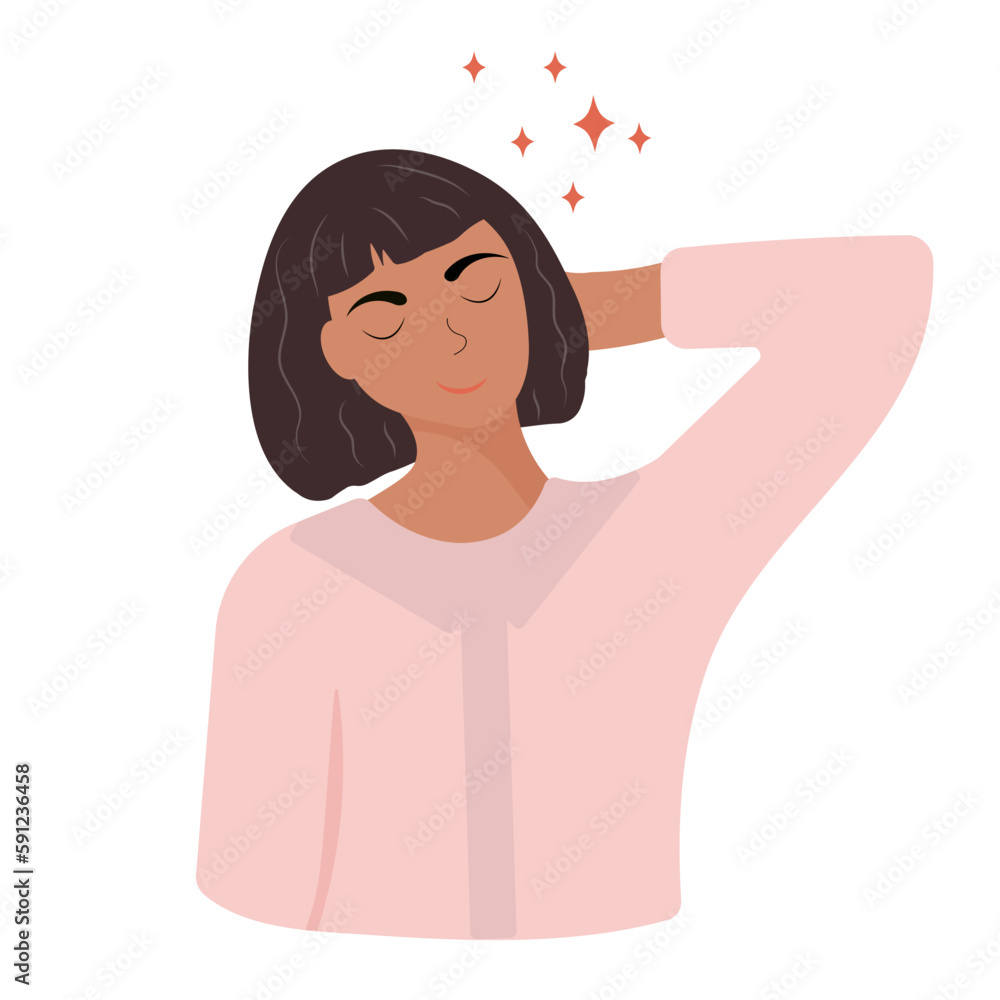 Young, beautiful girl. Vector illustration in cartoon style of self love. Close-eyed brunette woman in pink clothes dreams, meditates, thinks Young, beautiful girl. Vector illustration in cartoon style of self love. Close-eyed brunette woman in pink clothes dreams, meditates, thinks