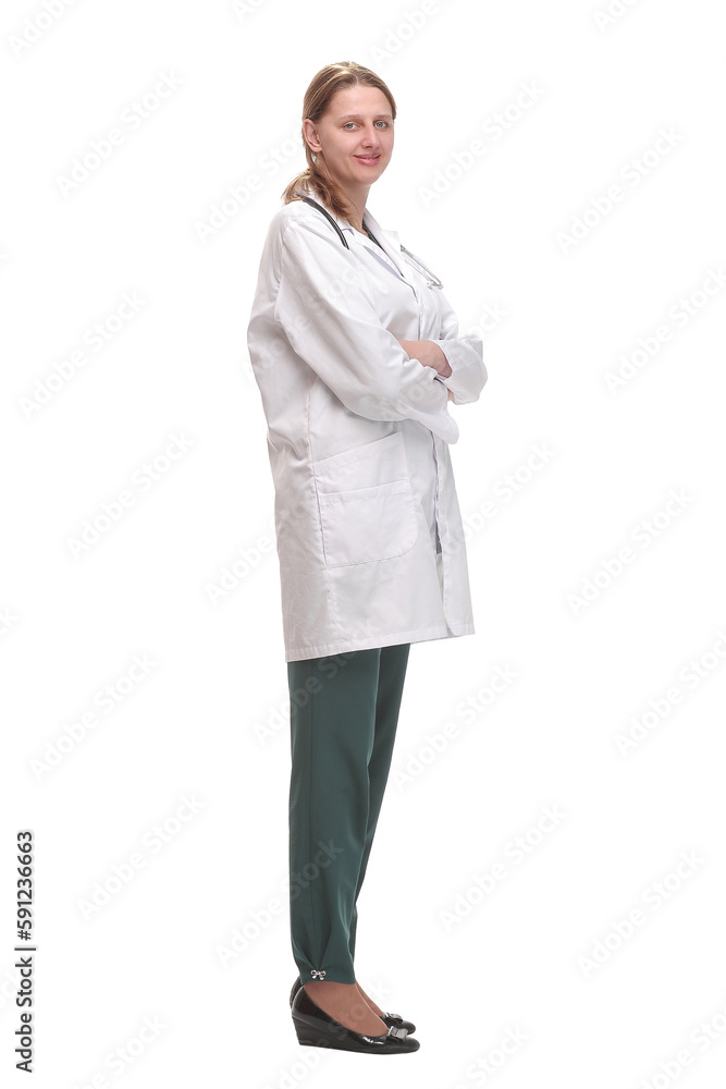 Side view of young female doctor or nurse standing over white background thoughtfully. Side view of young female doctor or nurse standing over white background thoughtfully.