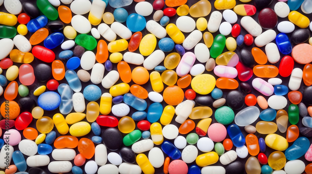 Colored capsule and pills. Medicine background. Generated AI Colored capsule and pills. Medicine background. Generated AI