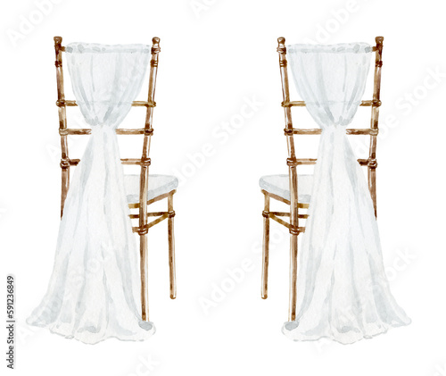 Set with Wedding Chairs and transparent Fabric. Watercolor Illustration.