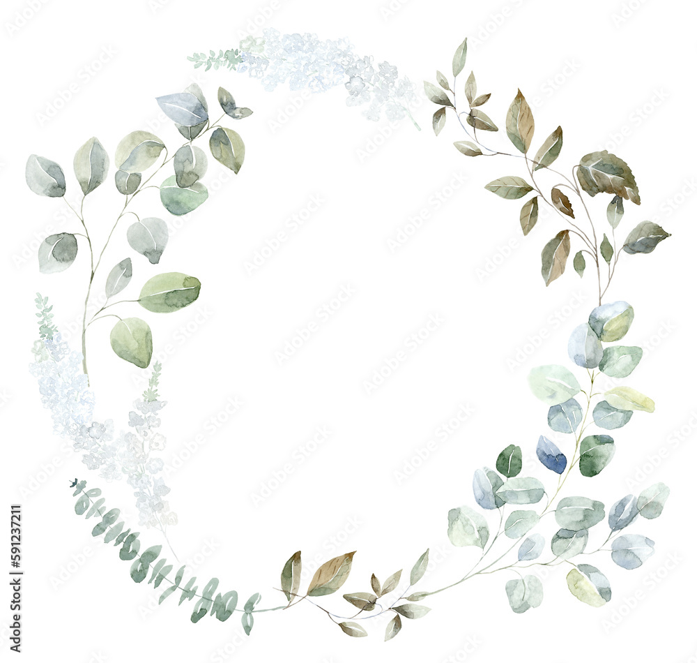 Fototapeta premium Frame with green Branches Eycalyptus Plant. Watercolor Illustration.