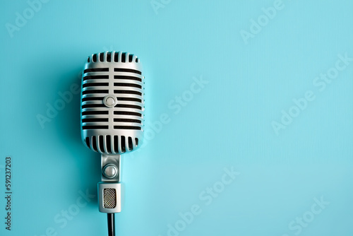 Microphone on blue background with clipping out of the top. Generative AI.