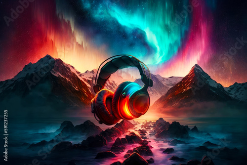 Pair of headphones sitting on top of mountain under colorful sky. Generative AI.