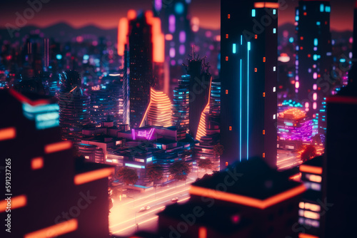 View of city at night with neon lights and skyscrapers in the background. Generative AI.