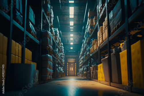 Large warehouse filled with lots of shelves filled with lots of boxes and other items. Generative AI. photo