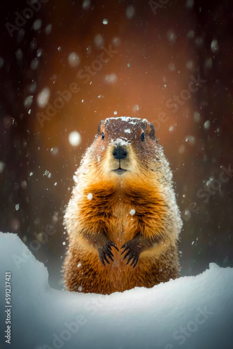 Groundhog standing on its hind legs in snow storm with snow falling on it. Generative AI. © valentyn640