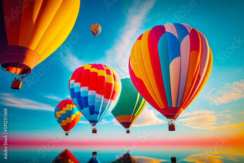 Group of hot air balloons flying in the sky over body of water with blue sky in the background. Generative AI.