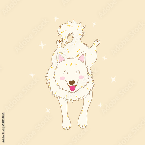 Happy playful white dog lies and looking cute with his tongue out. Laika dog, friend animal, guide dog, companion pet. National Puppy Day. Stars around. Colorful hand drawn doodle illustration vector