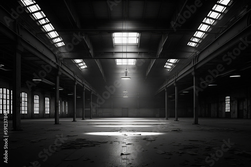 Black and white photo of empty building with light coming through the windows. Generative AI.