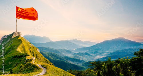 Chinese flag, Waving flag on the mountain	
