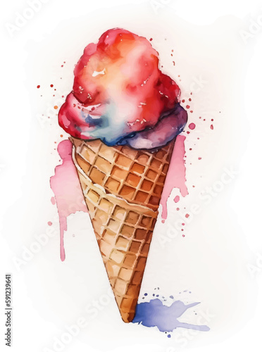 Watercolor red and blue ice cream in waffle cone, isolated on white background. Hand drawn vector illustration.