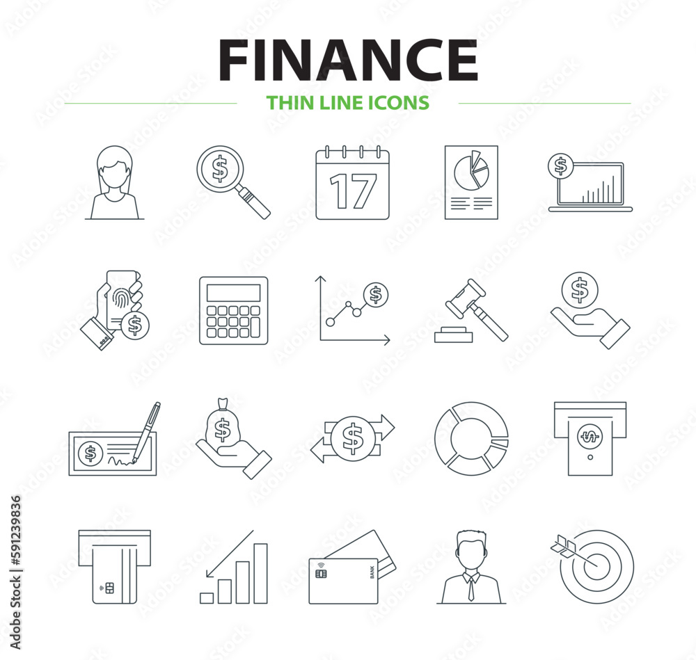 Finance and money thin line icons collection, business icons, money payments elements symbols, editable stroke. Tax, finance, earnings, people, bank, cryptocurrency vector icon.