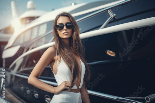 Rich and attractive woman wearing plunging neckline dress, posing in front of a luxury yacht. Sunset. Generative AI photo