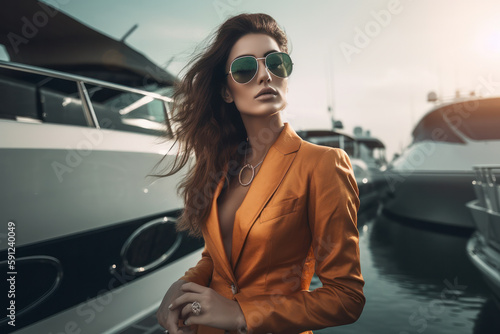 Rich and attractive brunette woman wearing plunging neckline dress, posing in front of a luxury yacht. Sunset. Generative AI photo