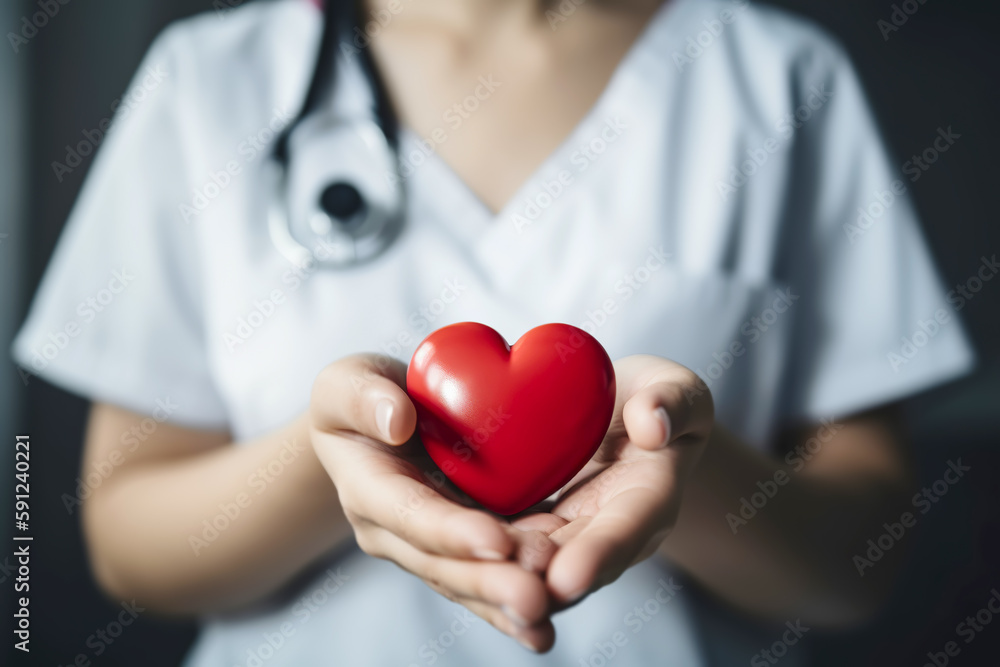 Faceless nurse or doctor in blue uniform holding a heart. Generative AI illustration Faceless nurse or doctor in blue uniform holding a heart. Generative AI illustration