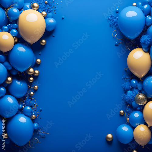 Blue birthday banner decor with balloons, copy space available, created by Generative AI