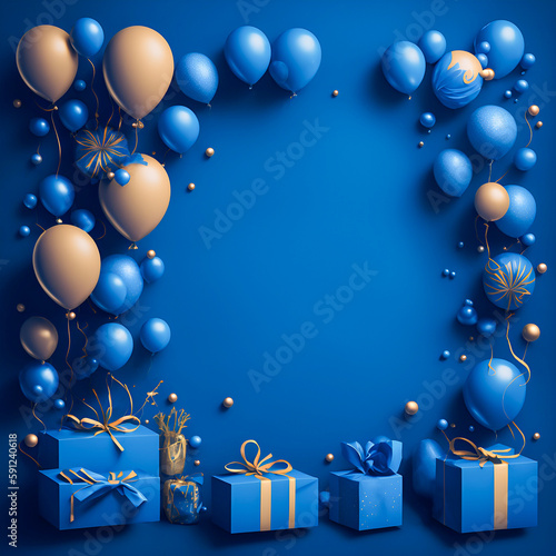 Blue birthday banner decor with balloons and presents, copy space available, created by Generative AI