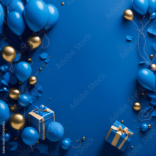 Blue birthday banner decor with balloons and presents, copy space available, created by Generative AI