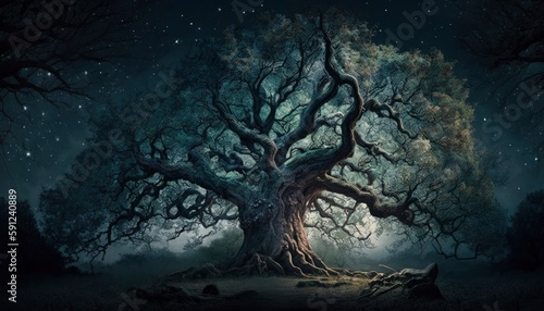 The majestic oak tree stood tall in the midst of a mystical forest Generative Ai