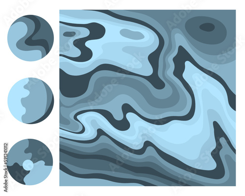 Illusion of deception with 3D effect. A set of patterns from multi-colored wavy lines of different thicknesses. Beautiful pattern of topographic lines. The luxury of nature in dark colors.
