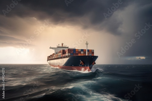 Colossal Cargo Ship Navigating the Open Ocean Under Dramatic Sky