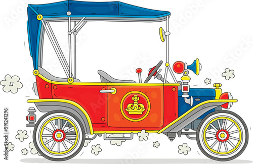 Retro red and blue cabriolet car decorated with a royal crown emblem for a solemn ceremony and parades of a king, vector cartoon illustration isolated on a white background