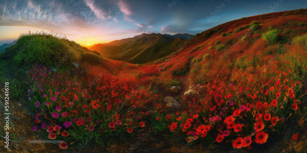 Beautiful panorama of meadow with red poppies at sunset