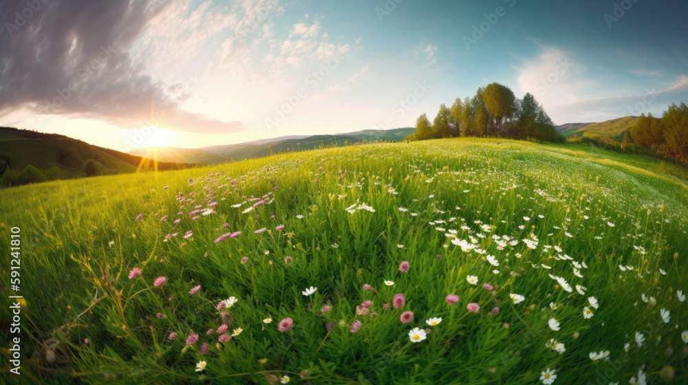 Meadow with wildflowers at sunset. Beautiful summer landscape