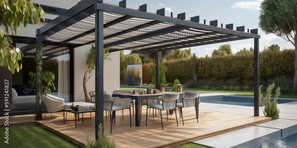 Modern design of home patio deck with garden view - obrazy, fototapety, plakaty 