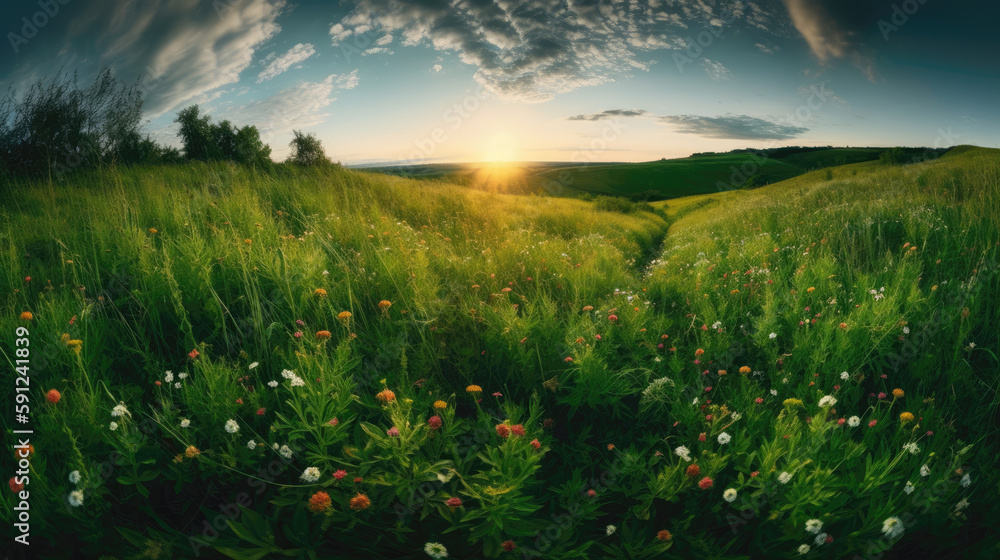 Sunset over green meadow. Beautiful summer landscape. Panorama
