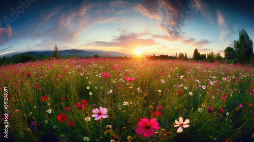 Beautiful meadow with pink and white flowers at sunset in summer