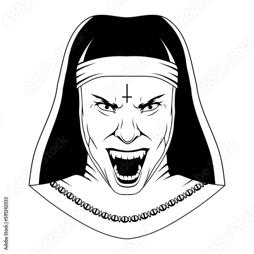 Evil nun. Vector illustration sketch of halloween costume possessed by the demon. Angry holy sister