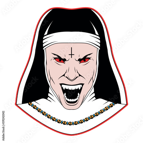 Evil nun. Vector illustration of halloween costume possessed by the demon. Angry holy sister