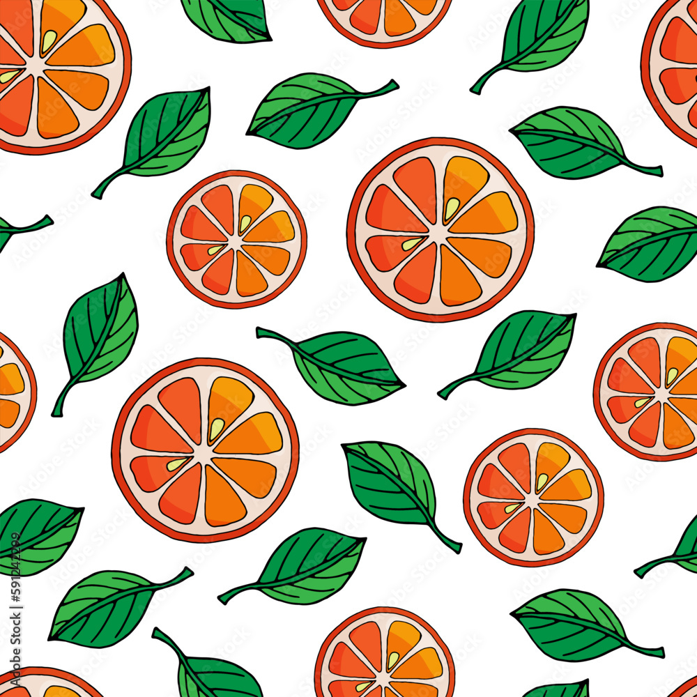 vector illustration seamless pattern orange slices with green leaves on white background vector illustration seamless pattern orange slices with green leaves on white background