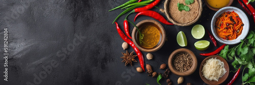 Spices on gray concrete background, top view background