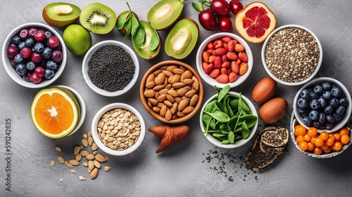 Healthy food selection: fruit, seeds, superfood, cereal, leaf vegetable on gray concrete background, top view