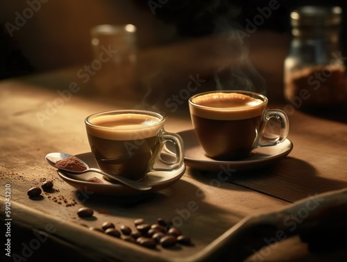 Perfekter Espresso-Genuss: Dampfende Tassen und geröstete Kaffeebohnen