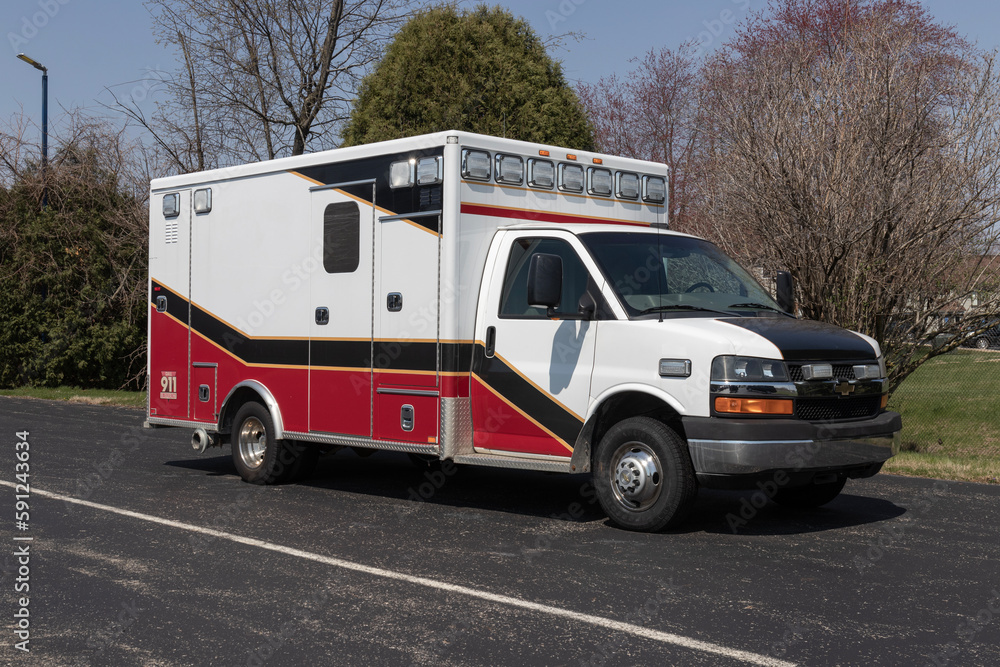Used ambulance for sale at a dealership. An ambulance provides