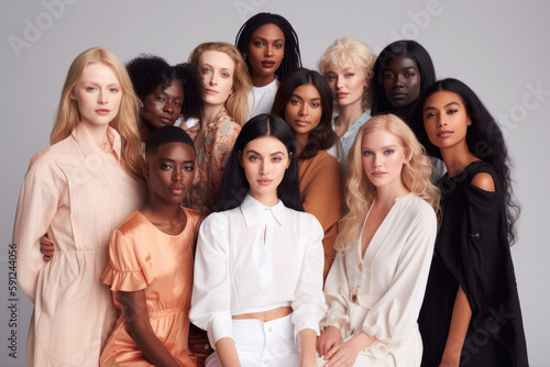 Many beauty, natural and diversity models, friend group indoors for luxury cosmetics. Fashion and inclusion concept. Generative AI.