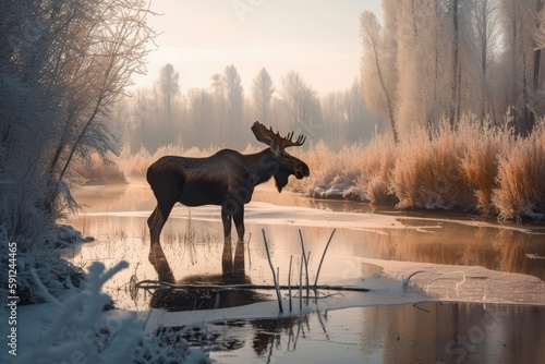 Reindeer Standing On Snow Covered Land. Generative AI