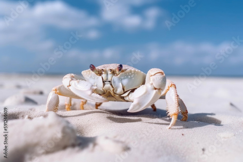 White crab on sandy beach. Generative AI