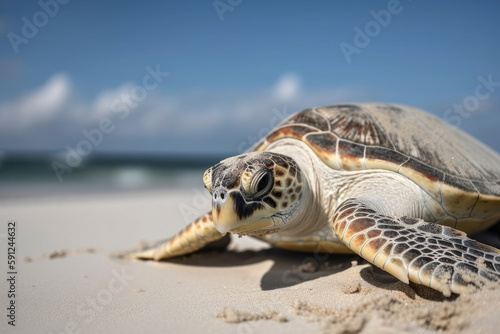 Sea turtle on the sandy beach. Generative AI © AIproduction