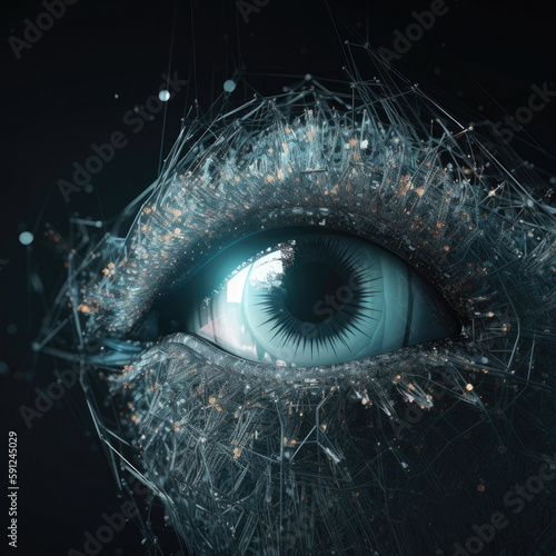 Eye iris wireframe made of particles. Generative AI