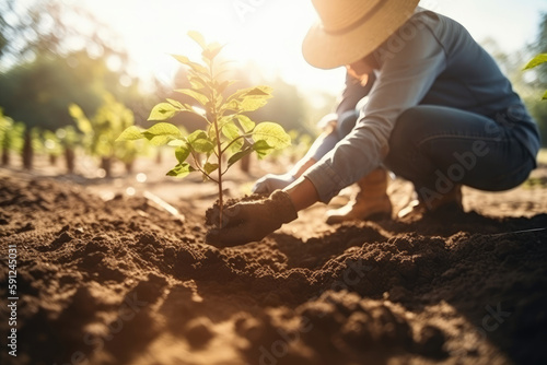 Hispanic Latin non recognizable man planting trees. Environmental friendly. Sustainable. Generative AI.