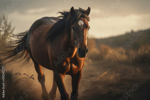 Horse charging towards camera. Generative AI © AIproduction