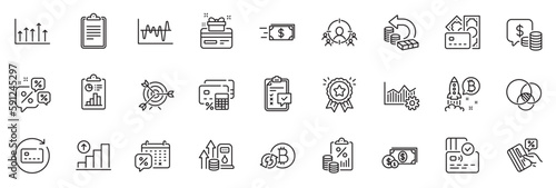 Icons pack as Card, Growth chart and Checklist line icons for app include Money, Renew card, Cash back outline thin icon web set. Euler diagram, Loyalty award, Bitcoin project pictogram. Vector