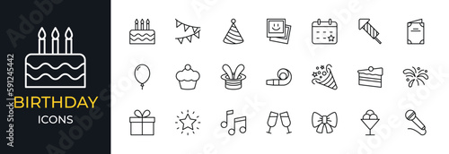 Set of line icons for Birthday. Basic party elements icon illustration